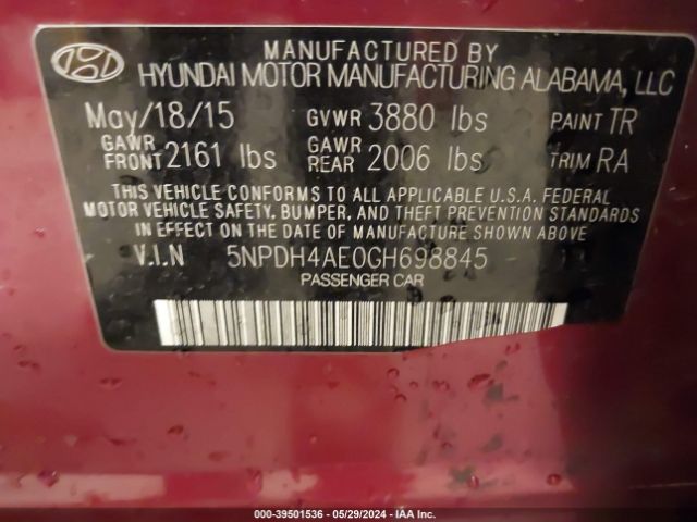 5NPDH4AE0GH698845 Hyundai ELANTRA SE