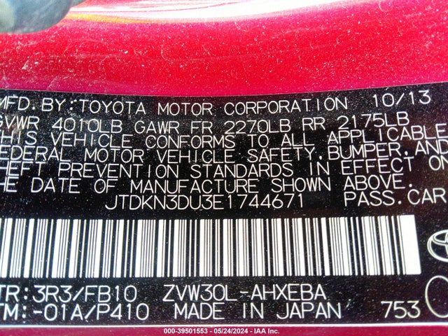 Toyota Prius Two 2014 JTDKN3DU3E1744671 Image 9