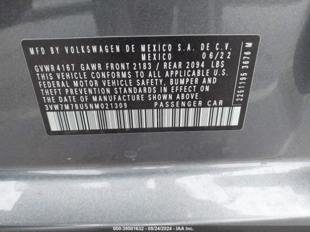 3VW7M7BU5NM021309 Volkswagen Jetta 1.5t Se