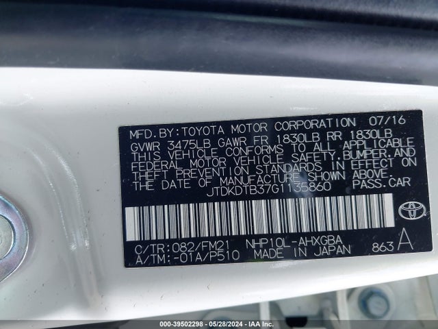 Toyota Prius C Three 2016 JTDKDTB37G1135860 Image 9