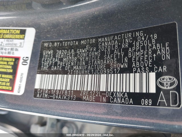 Toyota COROLLA LE 2018 2T1BURHE1JC099517 Image 9