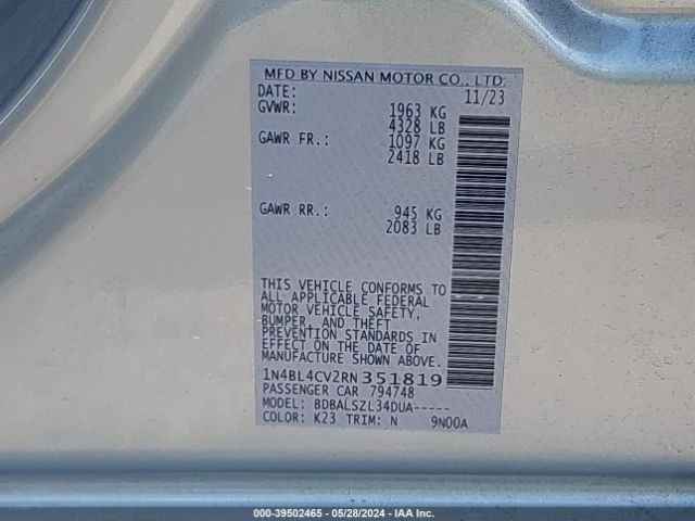 1N4BL4CV2RN351819 Nissan Altima Sr Fwd