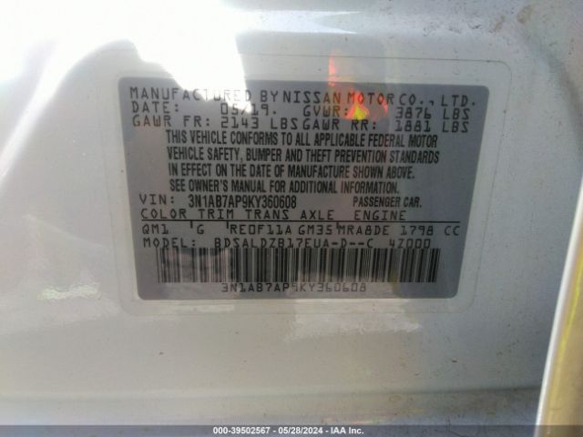 3N1AB7AP9KY360608 Nissan SENTRA SV