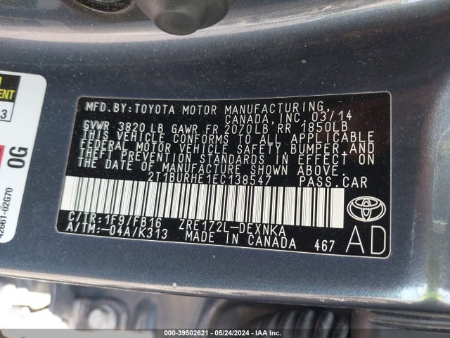 Toyota Corolla Le Plus 2014 2T1BURHE1EC138547 Image 9