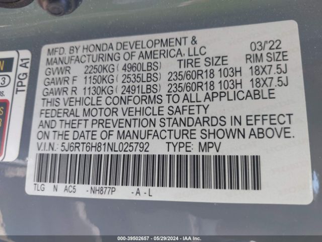 5J6RT6H81NL025792 Honda Cr-v Hybrid Ex-l