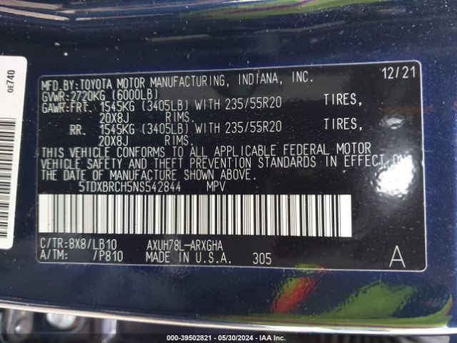 5TDXBRCH5NS542844 Toyota Highlander Hybrid Limited