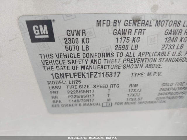 Chevrolet EQUINOX 1LT 2015 1GNFLFEK1FZ116317 Image 9