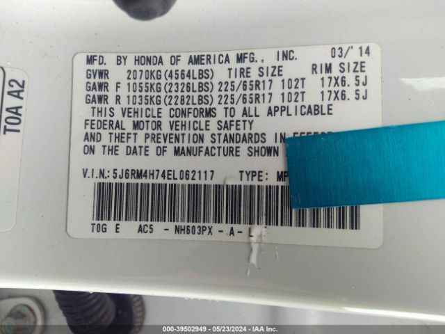 5J6RM4H74EL062117 Honda Cr-v Ex-l