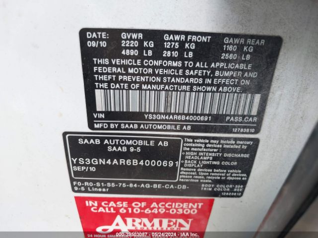 2011 SAAB 9-5 YS3GN4AR6B4000691 Photo 8