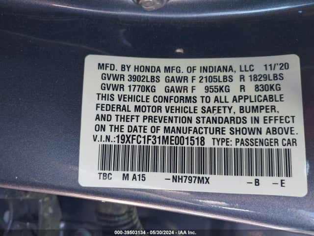 Honda CIVIC EX 2021 19XFC1F31ME001518 Image 9