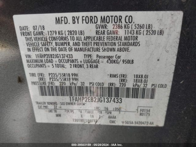 1FAHP2E82JG137433 Ford TAURUS SEL