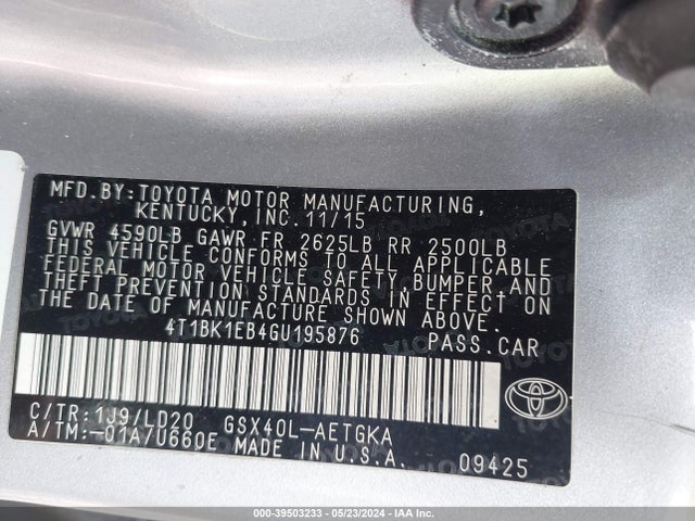 Toyota AVALON XLE 2016 4T1BK1EB4GU195876 Image 9