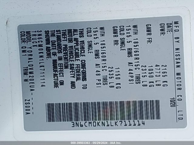 3N6CM0KN1LK711114 Nissan Nv200 Compact Cargo S Xtronic Cvt
