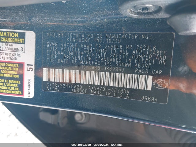Toyota CAMRY LE 2020 4T1C11AK8LU889963 Image 9