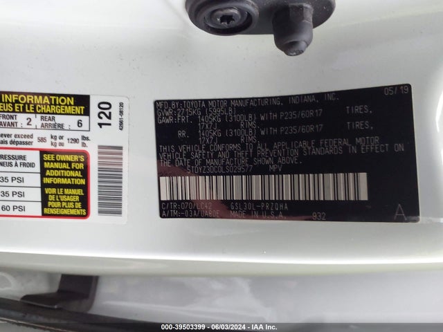 Toyota SIENNA XLE 2020 5TDYZ3DC0LS029577 Image 9