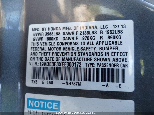 Acura Ilx Hybrid 1.5l 2014 19VDE3F3XEE300173 Image 9