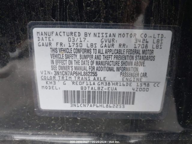 3N1CN7AP6HL862255 Nissan Versa 1.6 Sv
