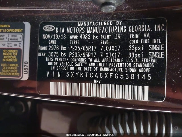 KIA SORENTO LX 2014 5XYKTCA6XEG538145 Image 9