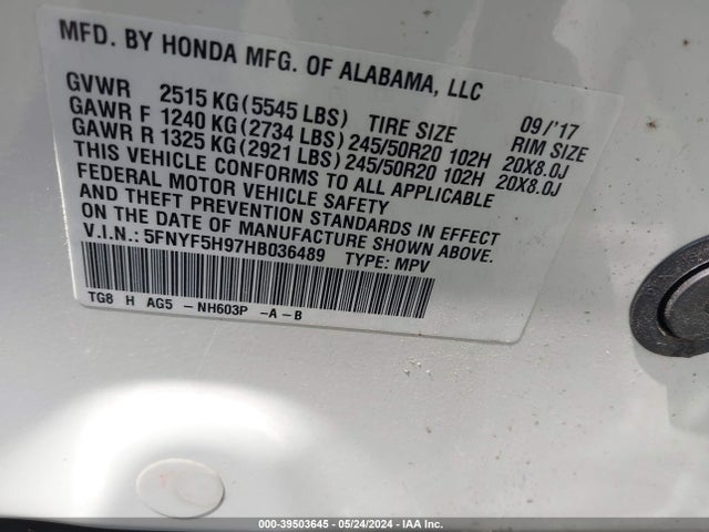 Honda Pilot Touring 2017 5FNYF5H97HB036489 Image 9