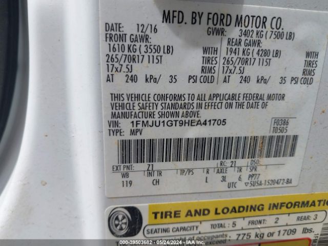 1FMJU1GT9HEA41705 Ford Expedition Xl