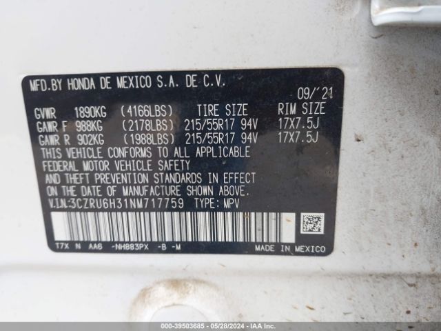 3CZRU6H31NM717759 Honda Hr-v Awd Lx