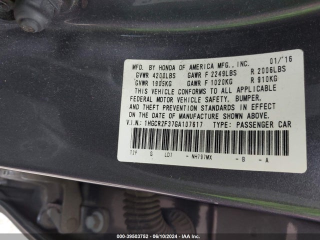 Honda ACCORD LX 2016 1HGCR2F37GA107617 Image 9