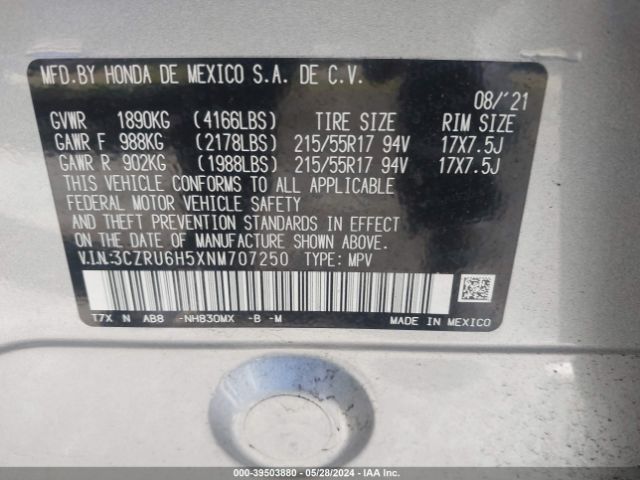3CZRU6H5XNM707250 Honda Hr-v Awd Ex