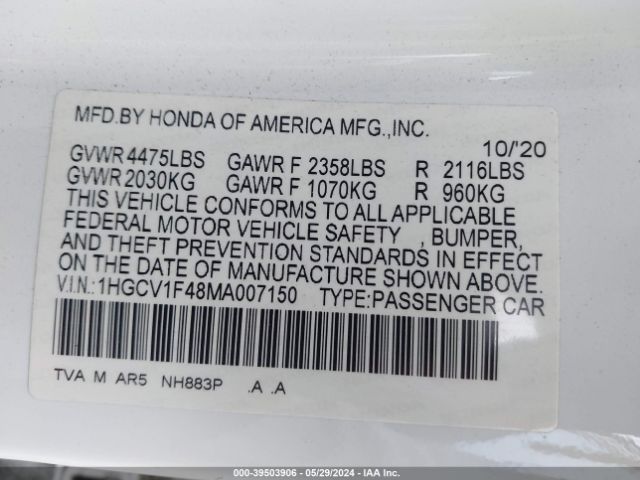 1HGCV1F48MA007150 Honda Accord Sport Special Edition