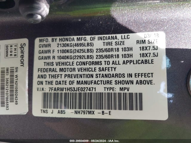 Honda CR-V EX 2018 7FARW1H53JE027471 Image 9