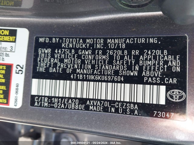 Toyota CAMRY SE 2019 4T1B11HK6KU697604 Image 9