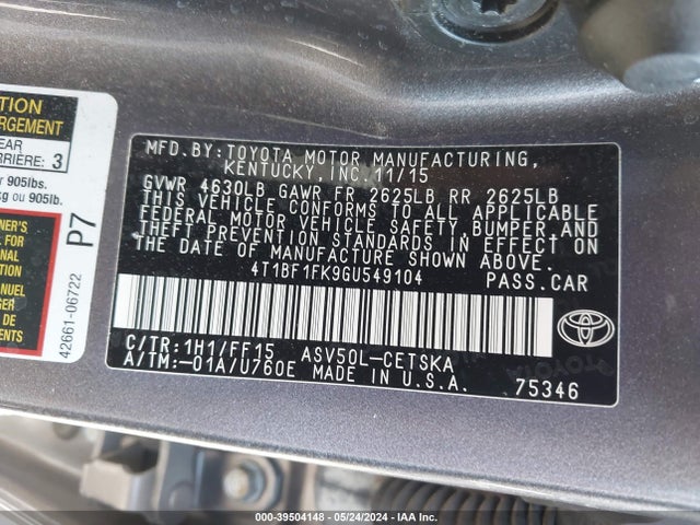 Toyota CAMRY SE 2016 4T1BF1FK9GU549104 Image 9