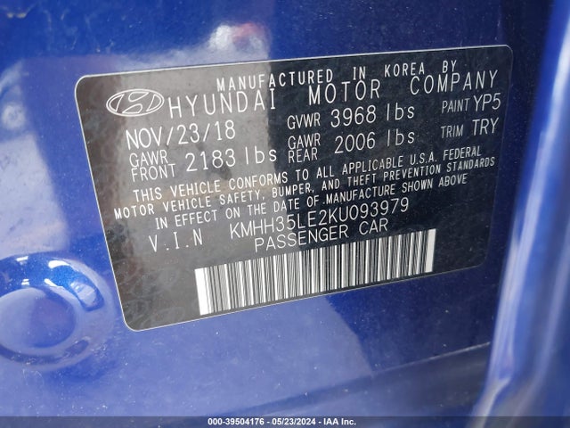 39504176 :رقم المزاد ، KMHH35LE2KU093979 vin ، 2019 Hyundai Elantra Gt مزاد بيع