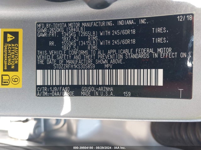 Toyota Highlander Le Plus 2019 5TDZZRFH1KS305859 Image 9