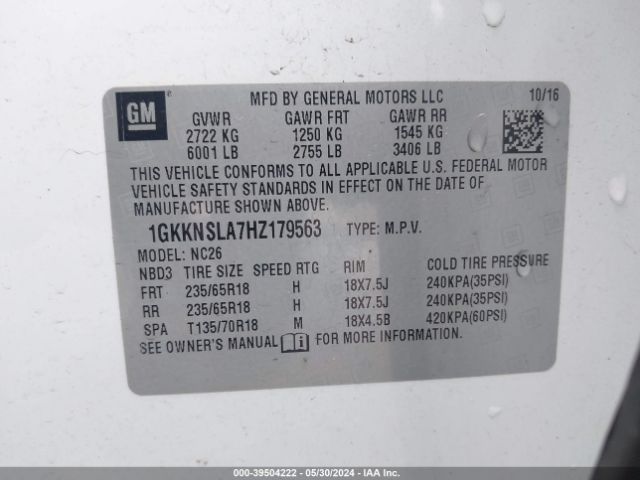 1GKKNSLA7HZ179563 GMC Acadia Sle-2
