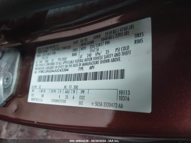 Ford ESCAPE SE 2018 1FMCU9GD4JUC43394 Image 9
