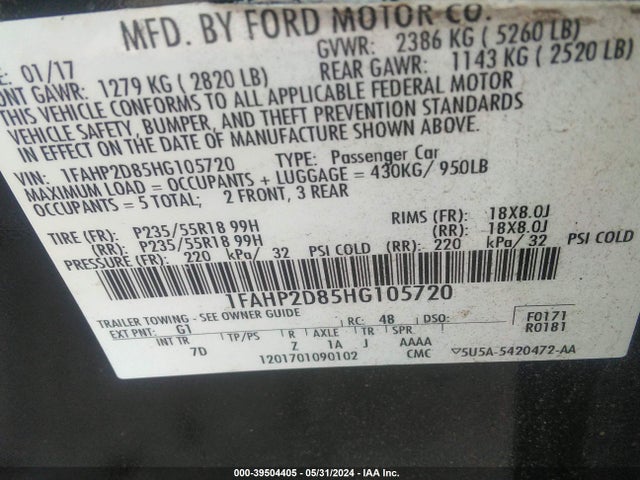 Ford TAURUS SE 2017 1FAHP2D85HG105720 Image 9