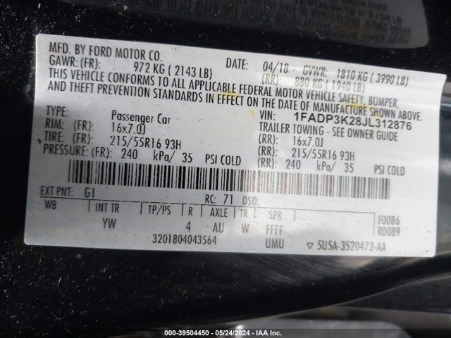 Ford FOCUS SE 2018 1FADP3K28JL312876 Image 9