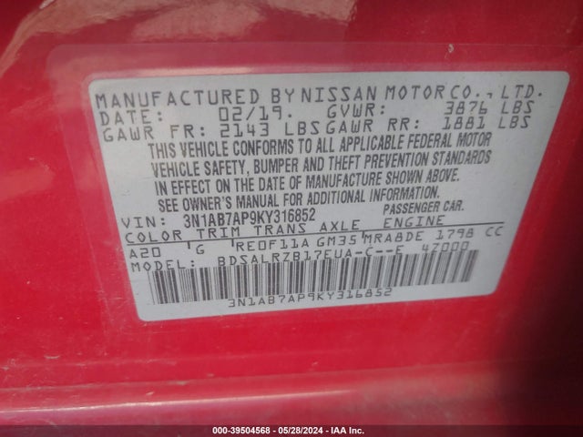 Nissan SENTRA SR 2019 3N1AB7AP9KY316852 Image 9
