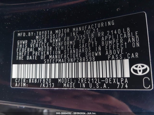 Toyota COROLLA LE 2022 5YFEPMAE9NP288598 Image 9