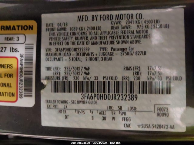 Ford FUSION SE 2018 3FA6P0HD0JR232389 Image 9