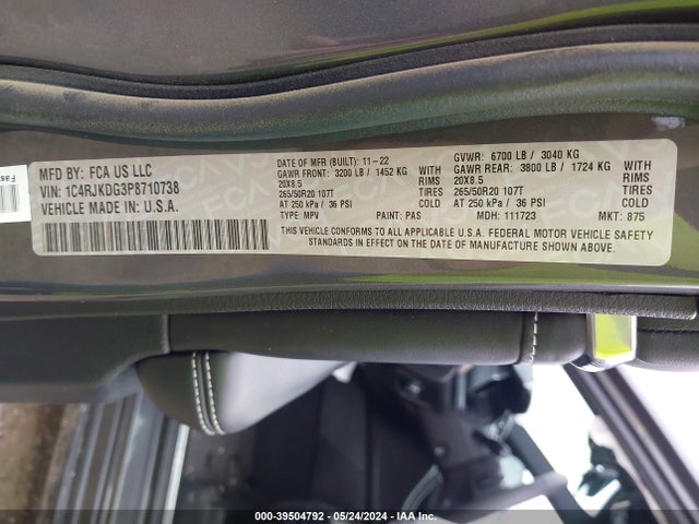 1C4RJKDG3P8710738 Jeep Grand Cherokee L Overland 4x4