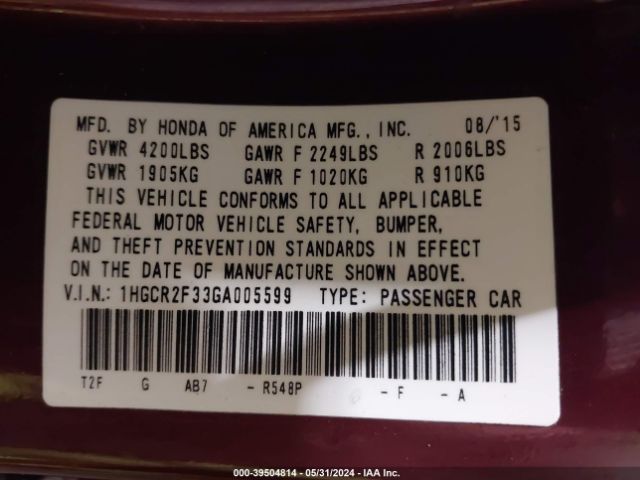 1HGCR2F33GA005599 Honda ACCORD LX