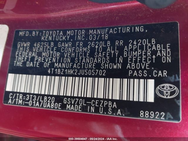 4T1BZ1HK2JU505702 Toyota Camry Xse V6