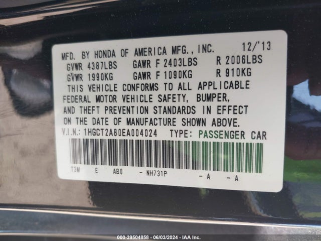Honda Accord Ex-l V-6 2014 1HGCT2A80EA004024 Image 9