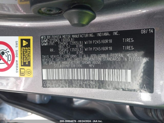 Toyota Highlander Xle V6 2015 5TDJKRFH8FS081996 Image 9