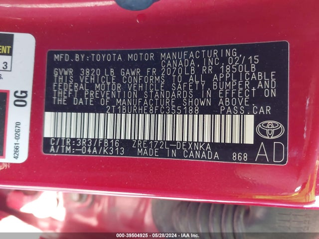 Toyota COROLLA LE 2015 2T1BURHE8FC355188 Image 9