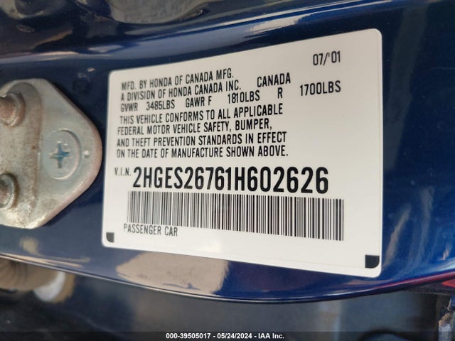 Продаж на аукціоні авто 2001 Honda Civic Ex, vin: 2HGES26761H602626, номер лоту: 39505017
