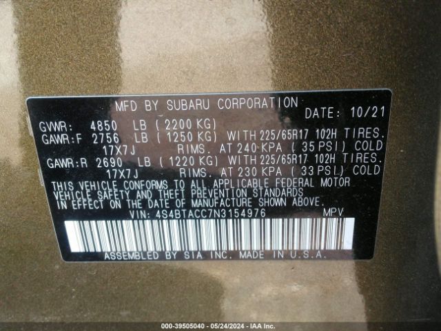 4S4BTACC7N3154976 Subaru Outback Premium