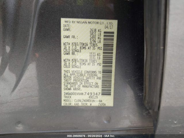 1N6AD0EVXHN749347 Nissan Frontier Sv