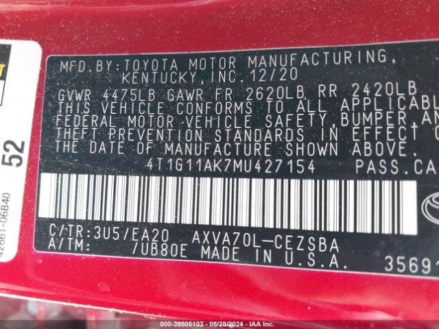 4T1G11AK7MU427154 Toyota CAMRY SE